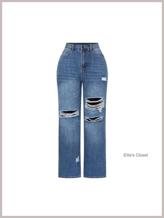 Denim - Womens High Waisted Wide Leg Stretchy Distressed Jeans